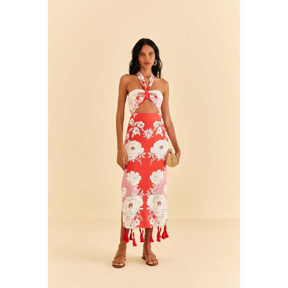 Pink Soft Garden Halter Neck Midi Dress